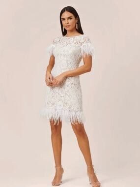 Aidan Mattox Dress 4 White Lace Fringe Feather Trim Bridal Wedding Boho Short
